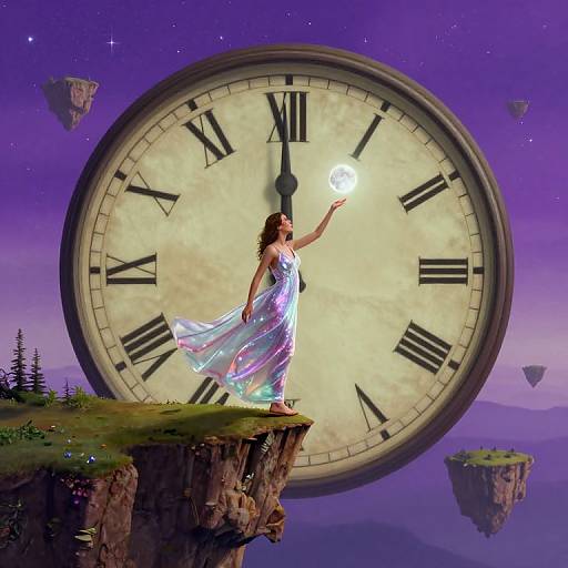 Digital fantasy artwork: Woman in flowing, iridescent dress stands on cliff, pointing at glowing clock face in starry purple sky, surrounded by floating