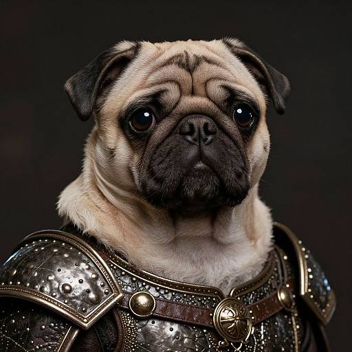 Photograph of a pug wearing shiny, armored medieval-style shoulder plates with metallic studs and gold accents, set against a dark background.