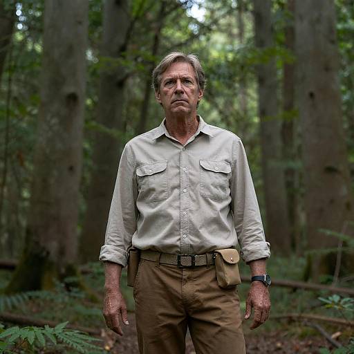 Determined Man in Serene Forest Setting
