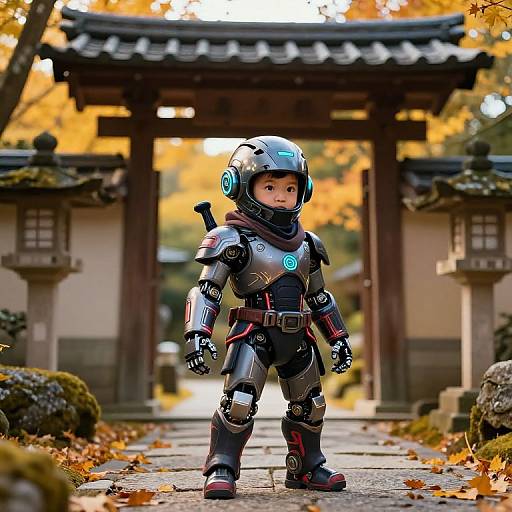 Futuristic Ninja Robot in Japanese Garden