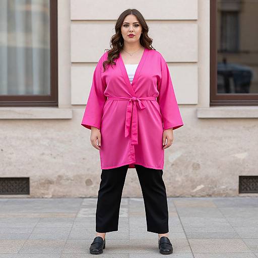 Photograph of a plus-sized woman with long brown hair, wearing a bright pink satin robe, black pants, and black shoes, standing in front of