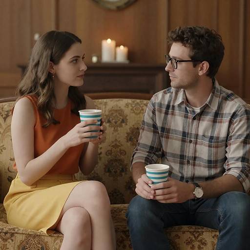 Two People Conversing on Couch with Drinks