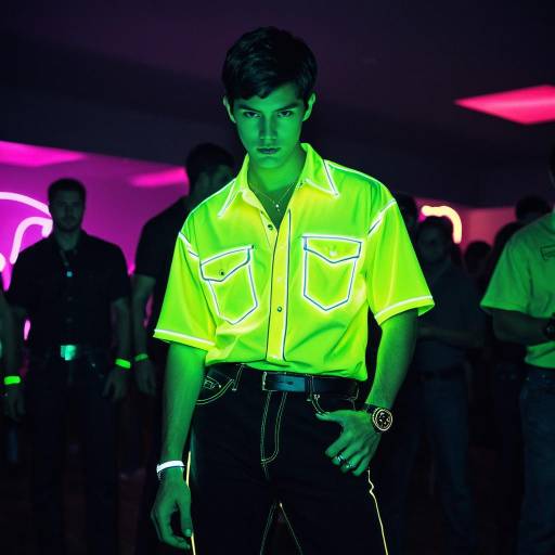 Young man in neon glowing shirt at party