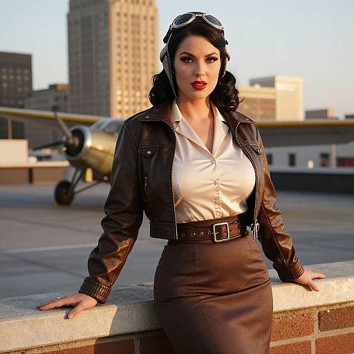 Photorealistic CGI of a curvy woman with dark hair, red lipstick, wearing a black leather jacket, white blouse, and brown skirt, leaning