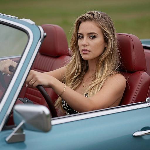 Photograph of a blonde woman with long hair, wearing a black halter top, driving a blue convertible with red leather seats.