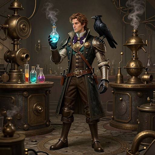 Steampunk wizard with curly brown hair, holding glowing blue flask, black crow on shoulder, in dimly lit laboratory with brass contraptions.