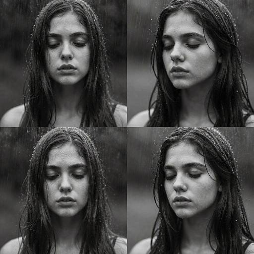 Black-and-white photograph of a young woman with wet, long dark hair and closed eyes, standing in rain; four close-up shots in a grid,
