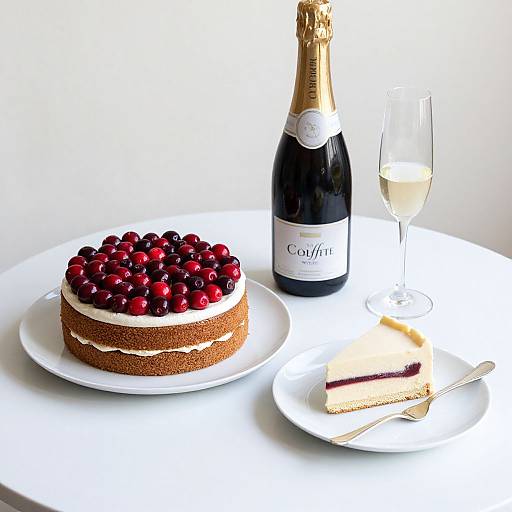Photograph of a cherry-topped cake, slice on plate, champagne bottle, and glass of white wine on white table. Bright, minimalistic setting