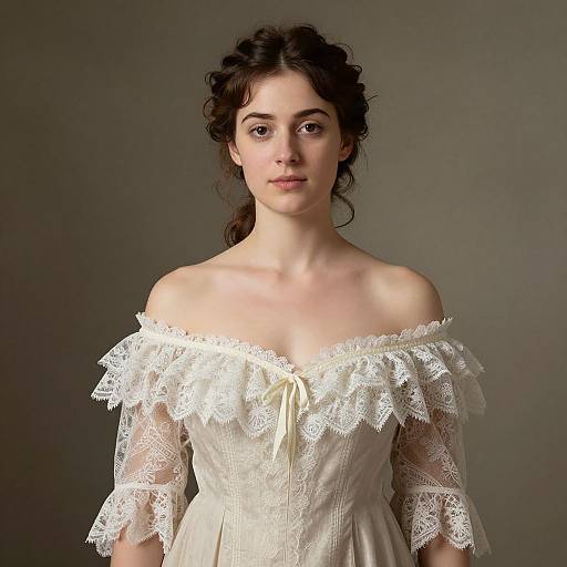 Photograph of a young woman with fair skin and dark curly hair, wearing an off-shoulder white lace dress, standing against a gray background.