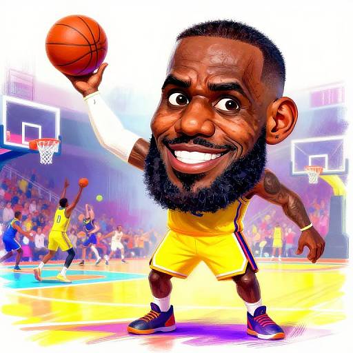 Cartoon-style digital illustration of a smiling, muscular black male basketball player with a beard, wearing yellow shorts, blue shoes, and a white jersey,