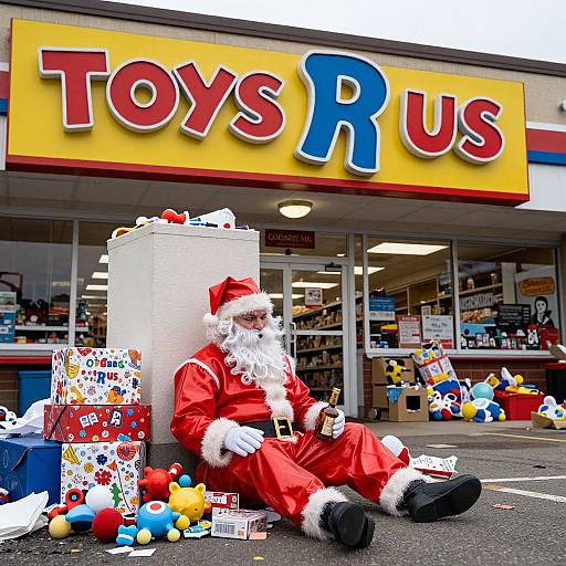 Photograph of a Santa Claus in a red outfit, with white beard and hat, sitting outside a Toys R Us store, surrounded by colorful toys and