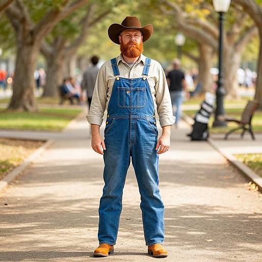 Photograph of a bearded man with red hair, wearing a brown cowboy hat, blue overalls, white shirt, and brown boots, standing on