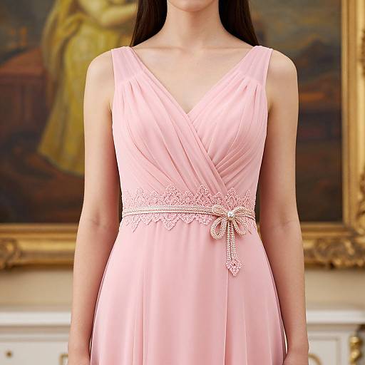 Photograph of a woman in a pink, V-neck, sleeveless dress with lace trim and bow, standing in front of a classical painting.
