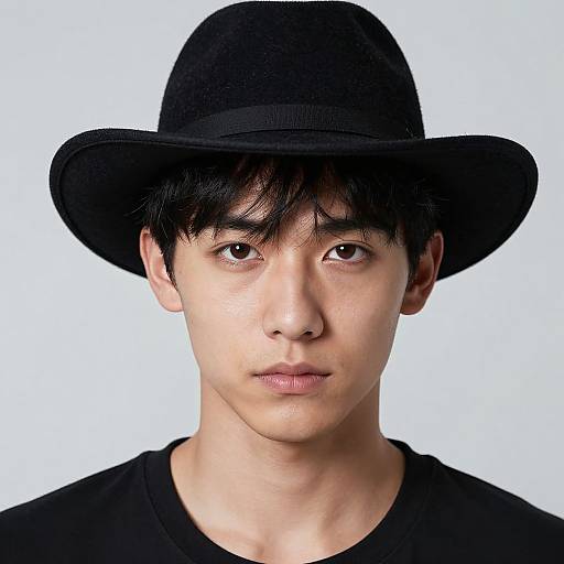 Photograph of a young Asian man with fair skin, black hair, wearing a black wide-brimmed hat and black shirt, against a plain white