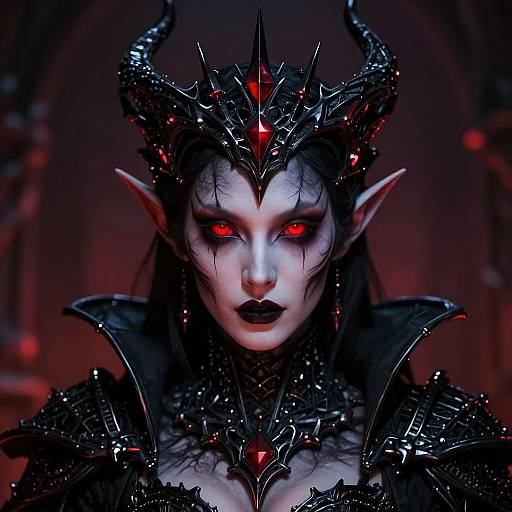 Digital art of a pale, demonic woman with black, spiked crown, red glowing eyes, dark makeup, and black armor, set against a red,
