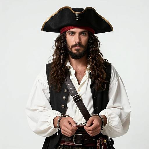 Photograph of a rugged pirate with long brown hair, black tricorn hat, white shirt, black vest, and handcuffed wrists, looking serious against