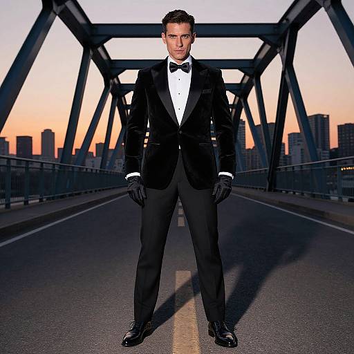 Photograph of a handsome man in a black tuxedo, bow tie, and black gloves, standing confidently on a steel bridge at sunset with a