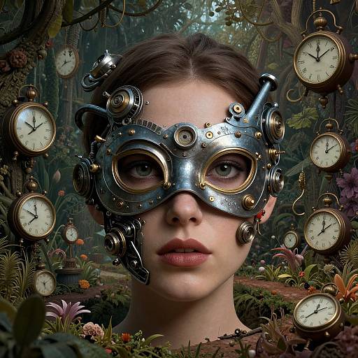 Steampunk-style digital artwork of a pale-skinned woman with dark brown hair, wearing a metallic clock-face mask, surrounded by floating vintage clocks in
