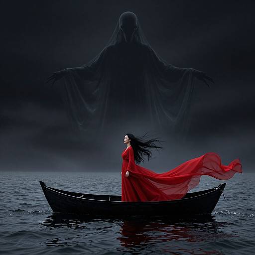 Photograph of a woman in a flowing red dress, standing in a small black boat, with a shadowy, ghostly figure looming behind her on