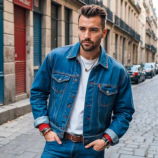 Stylish man in denim jacket on Paris street
