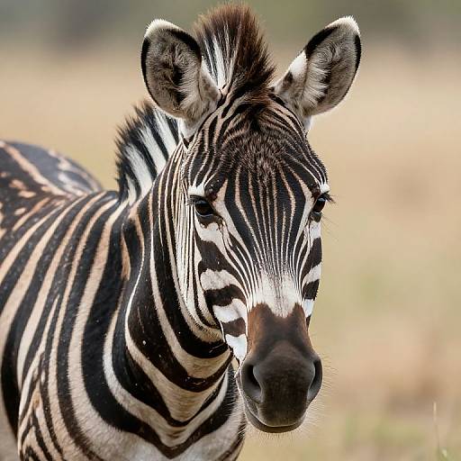 Close-up photograph of a zebra with striking black and white stripes, standing in a blurred, sunlit savannah background.