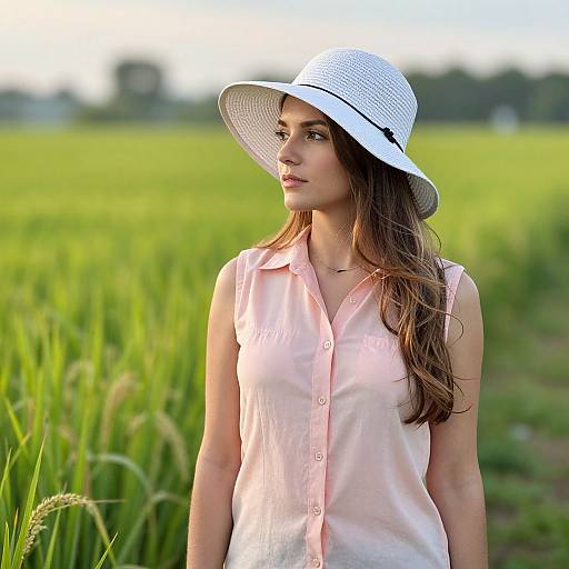 Photograph of a young woman with long brown hair, wearing a white sunhat and pink sleeveless shirt, standing in a lush green field.