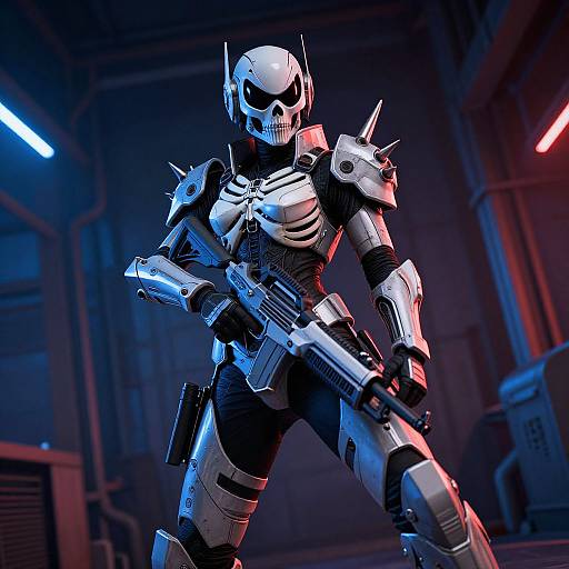 CGI image of a futuristic, skeletal humanoid robot in white armor with spiked shoulders, holding a large gun, illuminated by blue and red lights in a
