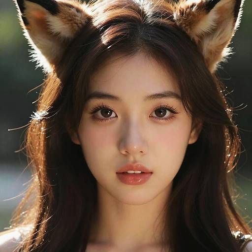 Close-up photo of an East Asian woman with long brown hair, wearing fox ears, illuminated by sunlight, with a neutral expression, set against a softly