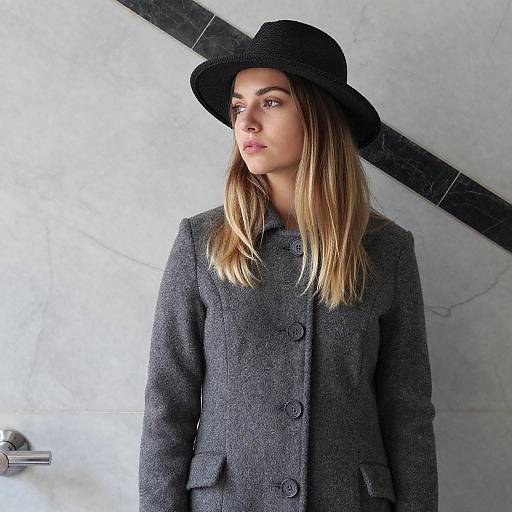 Young Woman in Fedora by Marble Wall