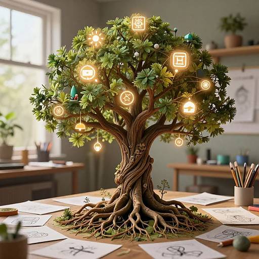 Digital art of a tree with glowing icons among leaves, rooted on a desk with papers and pencils, in a sunlit room.