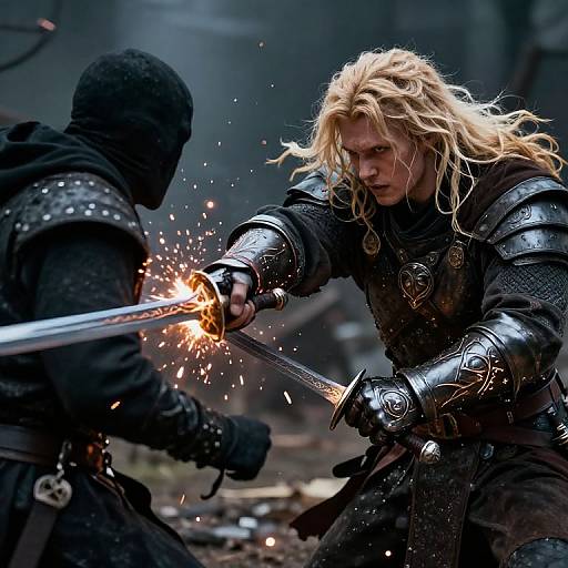Photograph of an intense medieval sword duel: a blonde, long-haired warrior in shiny black armor clashes with a masked opponent, sparks flying from their cl