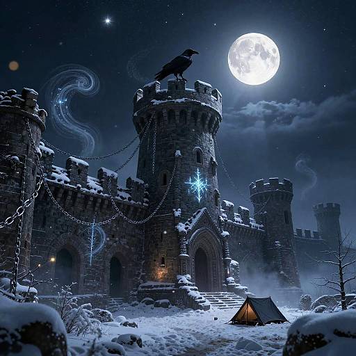Snowy Ruined Fortress with Raven at Night