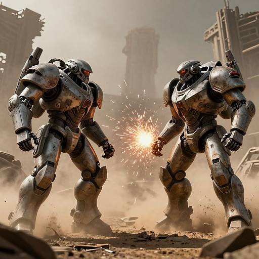 Photorealistic CGI: Two heavily armored, silver robotic soldiers clash in a dusty, ruined cityscape, firing a bright, explosive energy beam between them