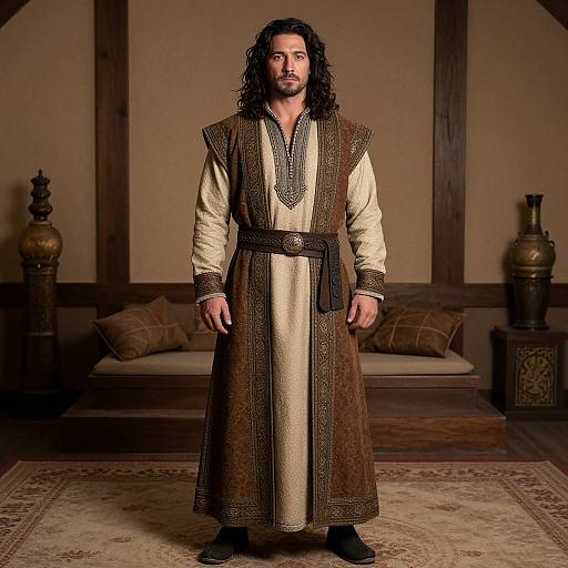 Photograph of a muscular man with long, curly black hair and beard, wearing a medieval-style brown and beige robe, standing in a dimly lit