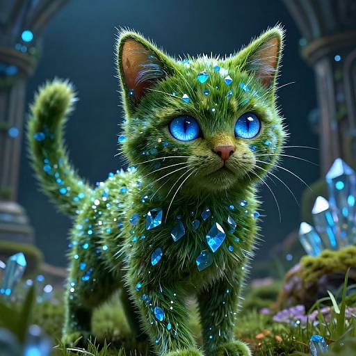 Grass and Blue Crystal Cat Figurine