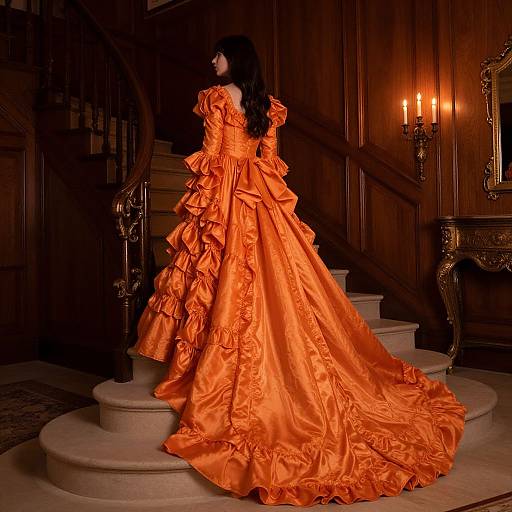Photograph of a woman in an elaborate, bright orange, ruffled ball gown, standing on a staircase in a dark, ornate wooden room with