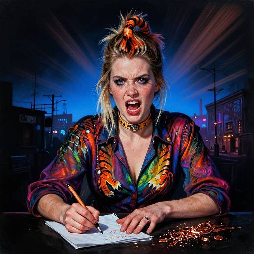 Photograph: Angry blonde woman with spiky hair, colorful floral shirt, choker, writing with pencil, blue neon background, cityscape at night