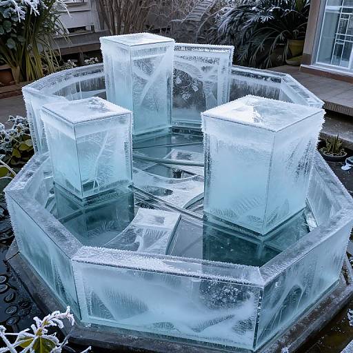 Photograph of four glowing, translucent ice cubes arranged in a hexagonal glass basin, surrounded by frosty plants in an outdoor setting.