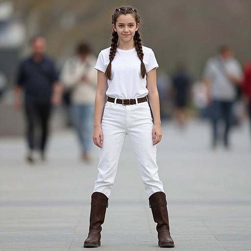 Photograph of a young woman with long braided hair, wearing a white t-shirt, white pants, black belt, and brown boots, standing confidently
