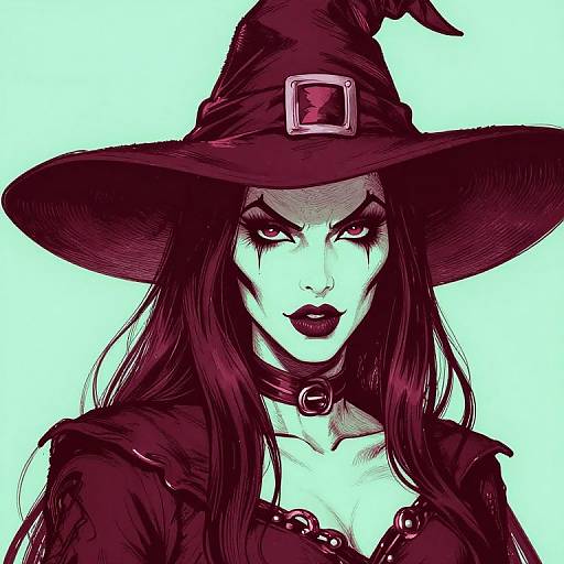 Digital drawing of a stern, pale-skinned witch with dark red eyes, black lipstick, long black hair, wearing a large witch hat with a pink