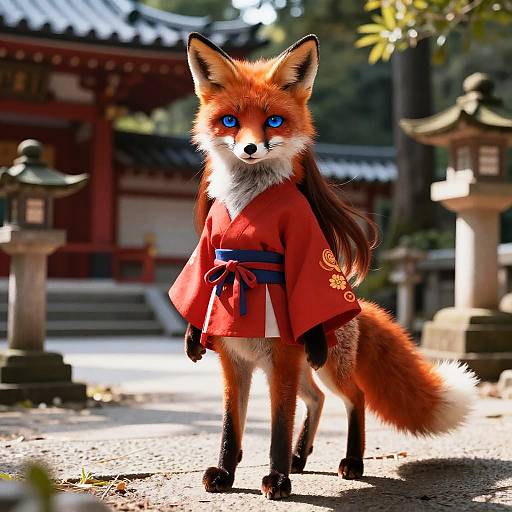 Anthropomorphic Fox in Miko Attire at Japanese Temple
