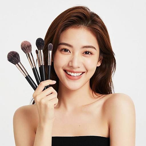 Photograph of a smiling young woman with fair skin, long brown hair, and brown eyes, holding several makeup brushes against a white background. She wears