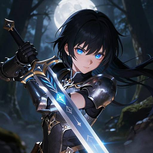 Digital anime artwork of a black-haired, blue-eyed warrior with glowing blue sword in moonlit forest, wearing shiny black and gold armor.