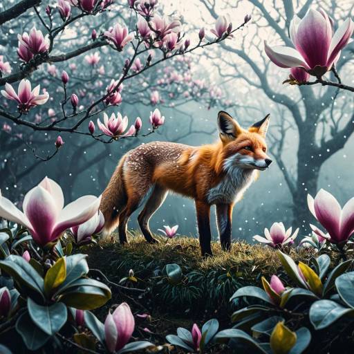 Curious Fox Among Blooming Magnolia Flowers