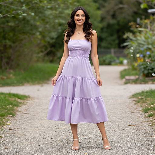 Photograph of a smiling woman with long dark hair, wearing a sleeveless, lavender, tiered dress and white sandals, standing on a gravel path