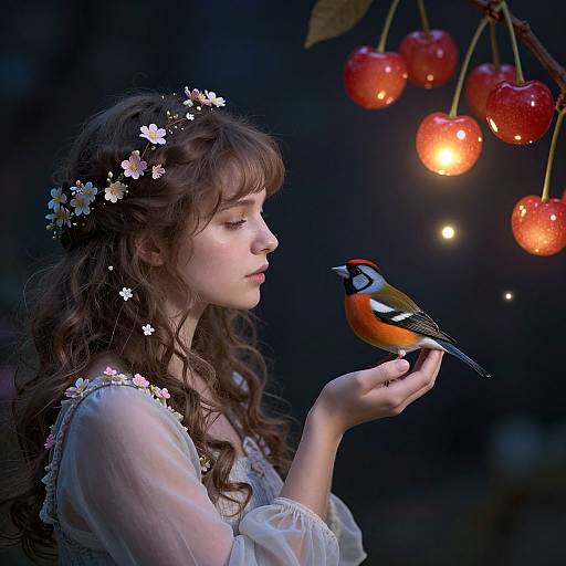 Photograph of a fair-skinned woman with wavy brown hair, flower crown, and white lace dress, gently holding a colorful bird, with glowing