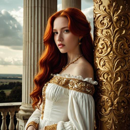 Red-haired Woman in Renaissance Dress by Ornate Column