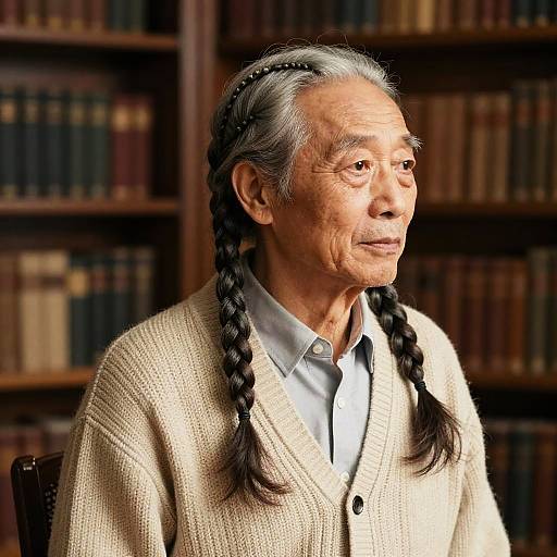 Photograph of an elderly Asian woman with long braided black hair, wearing a beige cardigan and white shirt, sitting in a library with wooden book