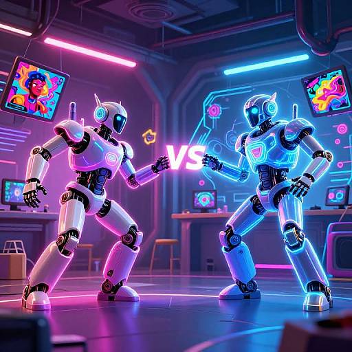 Neon-lit cyberpunk scene: two glowing, robotic fighters clash in a futuristic lab, illuminated by colorful screens and neon lights.