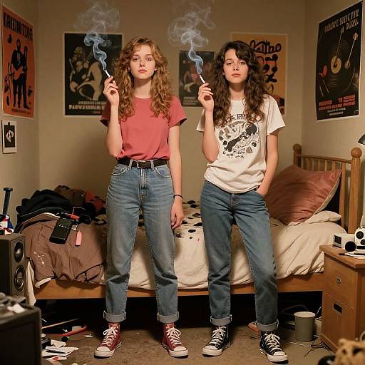 Teen Girls Smoking in Messy Bedroom